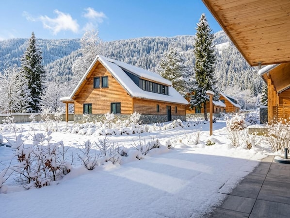 A wooden cabin with a sloped roof, surrounded by snow-covered trees and a mountain backdrop.