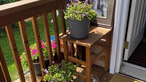 Eine Holzterrasse mit einem kleinen Tisch und Topfpflanzen.