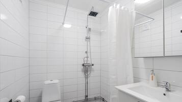 A bathroom with a shower, toilet, sink, and mirror.