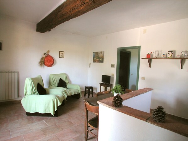 A living room with two green-covered sofas, a small table, a television, and a door leading to another room.