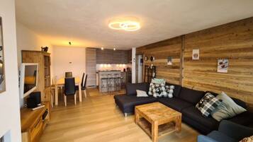 Comfort Apartment, 4 Bedrooms | Living room | Fireplace, DVD player