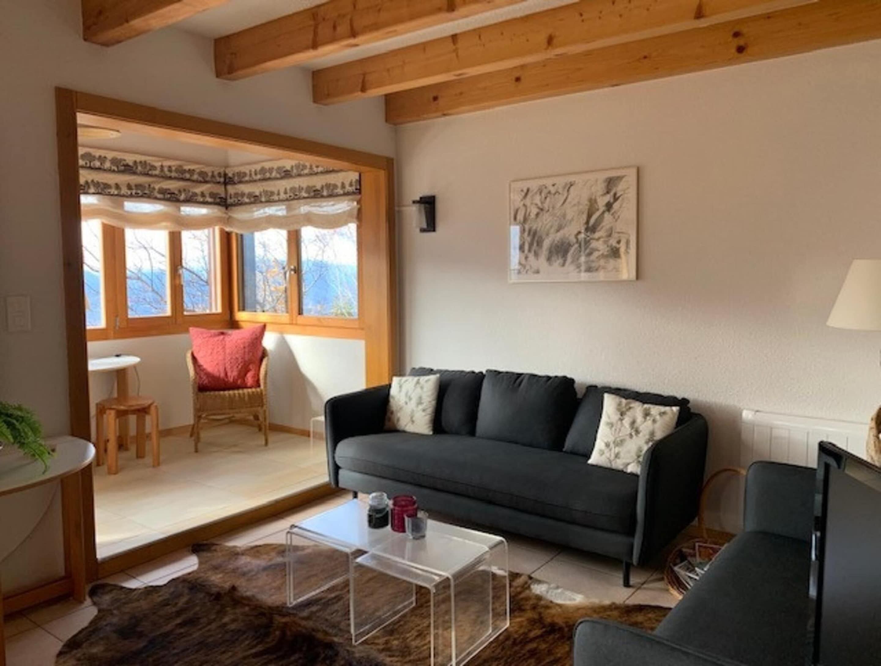 Klassieke chalet, 5 slaapkamers | Woonkamer | Een open haard en een dvd-speler