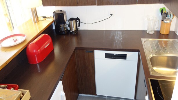 A compact kitchen with a dishwasher, a coffee maker, and a sink. - Cozy Apartment for Groups (Sion)