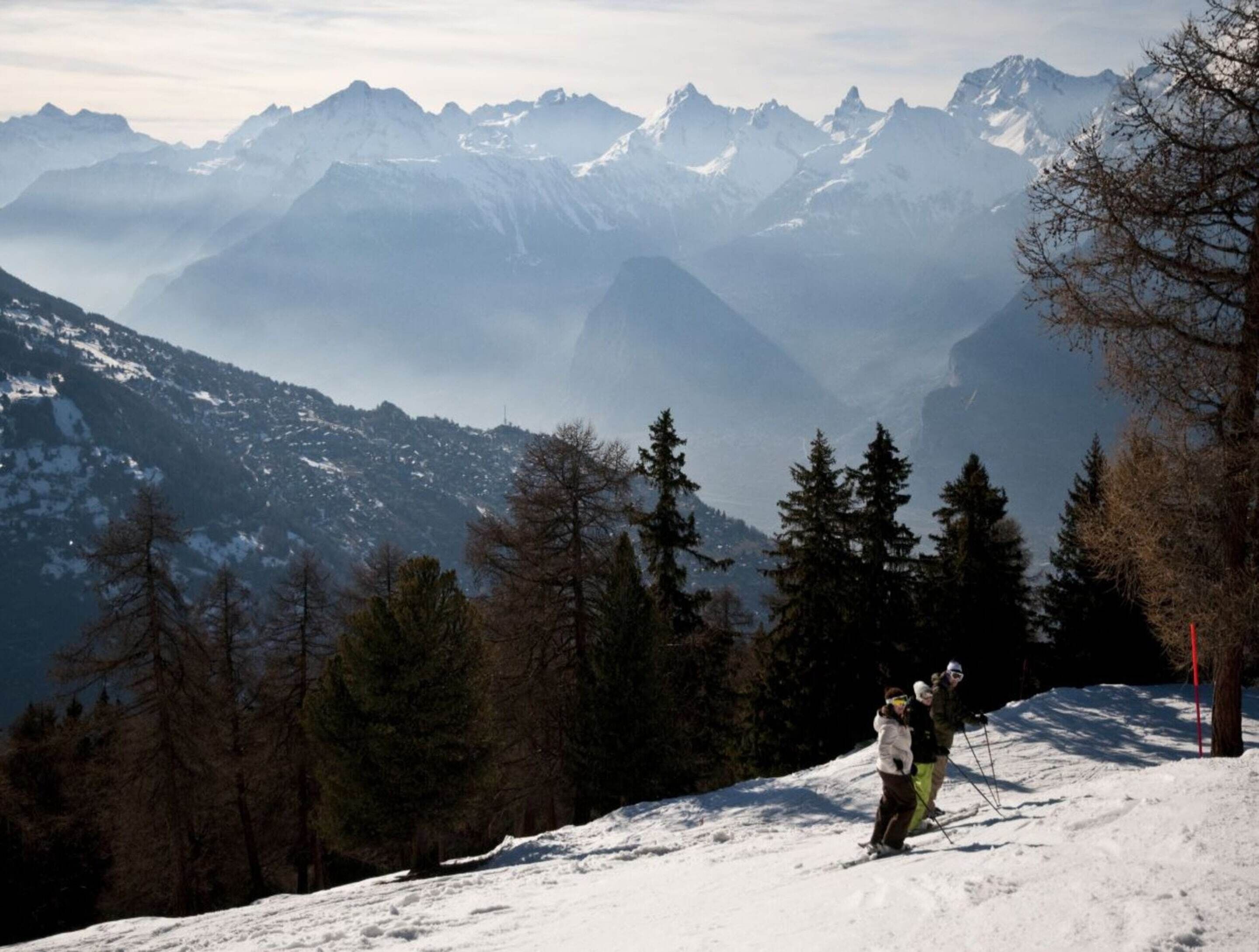 A snowy mountain landscape with skiers, trees, and distant peaks.