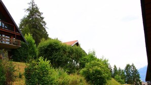 Ein Hang mit einem Gebäude, üppigem Grün und einer Steinsichtmauer.