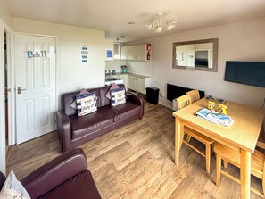 A living room with a brown leather sofa, a wooden dining table with chairs, a television, and a fireplace. - No 3 Hickling Chalet - UK51728 (California, near Great Yarmouth)