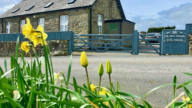 A stone building with a gated entrance, a car parked inside, and daffodils in the foreground. - The Old School Glasfryn | Dog Friendly | Betws y Coed 15 min | Ideal for Snowdon (Glasfryn)