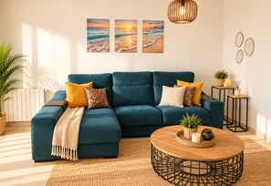 A living room with a sectional sofa, a round coffee table, and a wall-mounted light fixture.