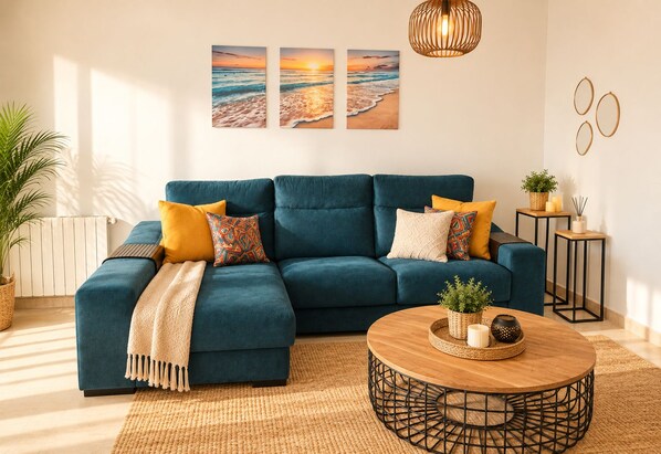 Una sala de estar con un sofá modular, una mesa de centro redonda y un aplique de pared.