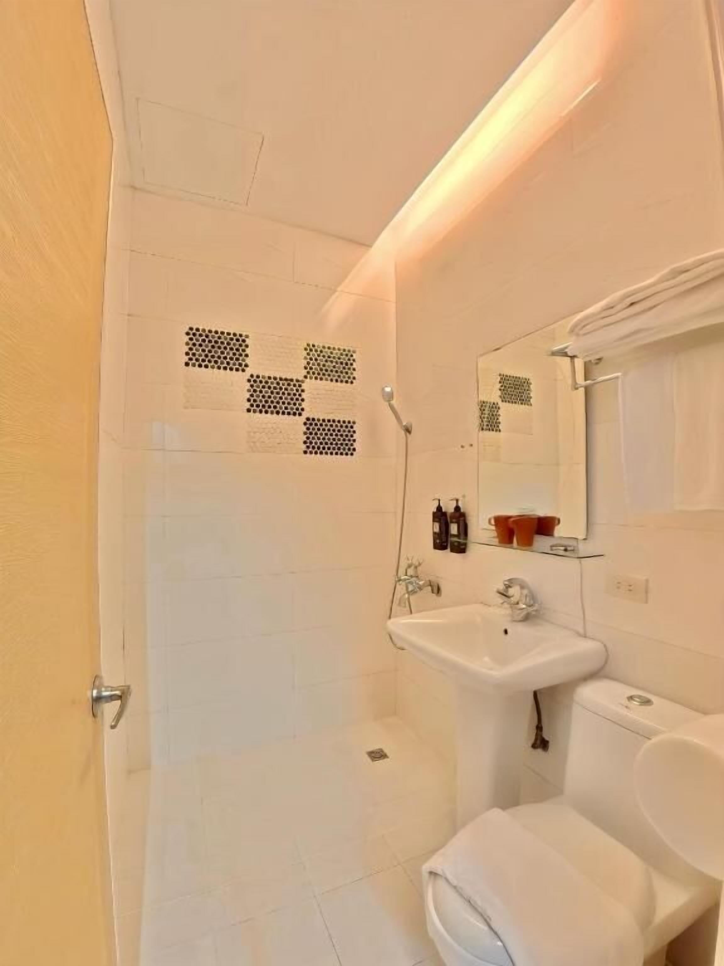 A bathroom with a shower, toilet, sink, and a mirror.