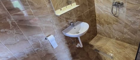 Shower, towels, soap, toilet paper