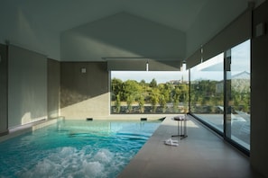 Una piscina interior moderna amb vistes a un paisatge verd i edificis.