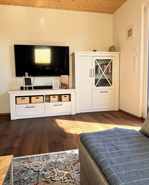 Un salon comprenant un téléviseur à écran plat, un meuble avec des portes en verre, un tapis à motifs et un canapé.