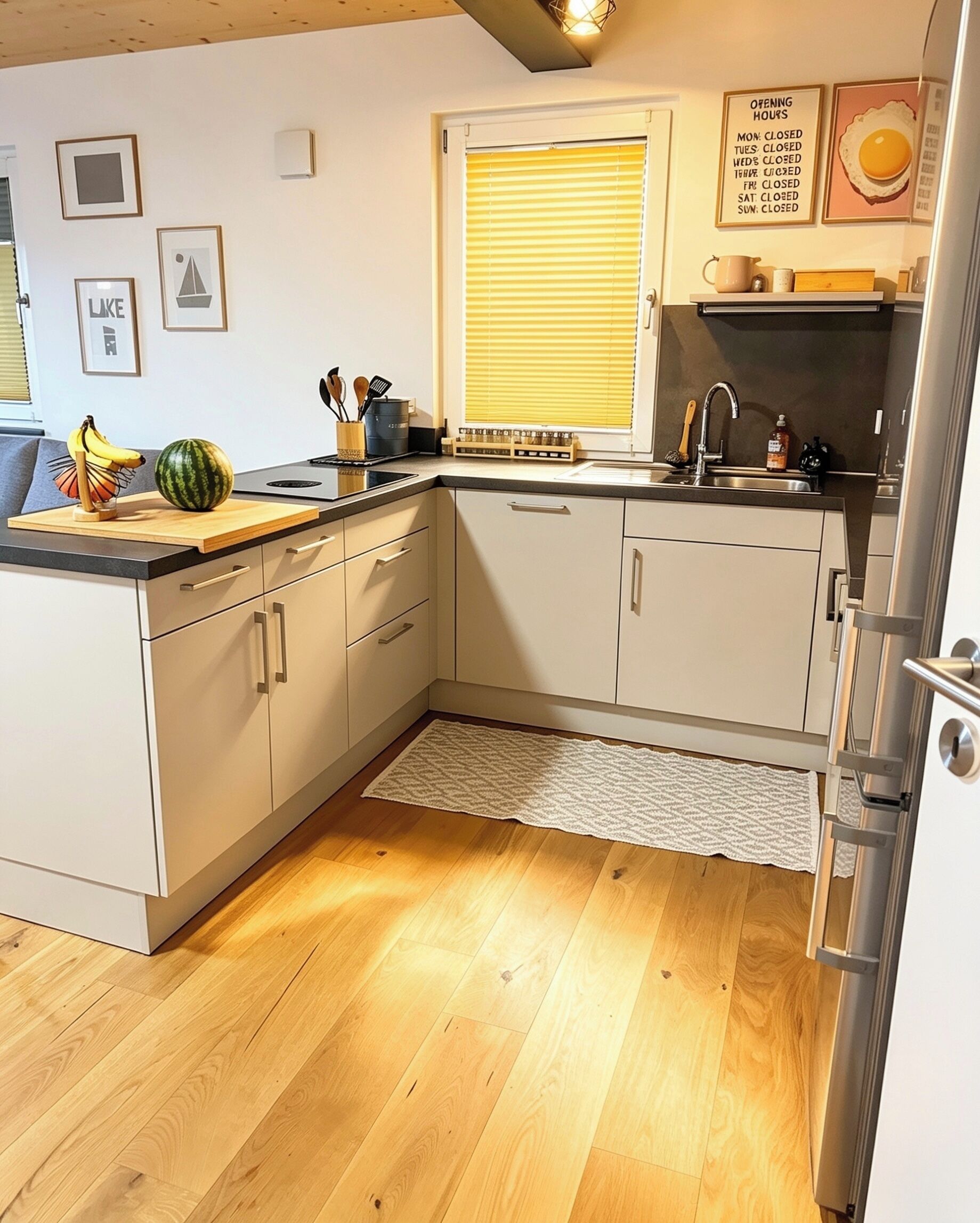A compact kitchen with a wooden countertop, a built-in sink, and a window with blinds.