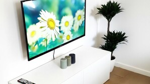 Ein Flachbildfernseher an einem weißen Schrank, eine Fernbedienung auf dem Schrank und zwei Zimmerpflanzen daneben.