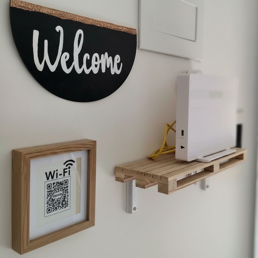 A black sign with 'Welcome' in white letters, a framed Wi-Fi sign, and a white device on a wooden shelf.