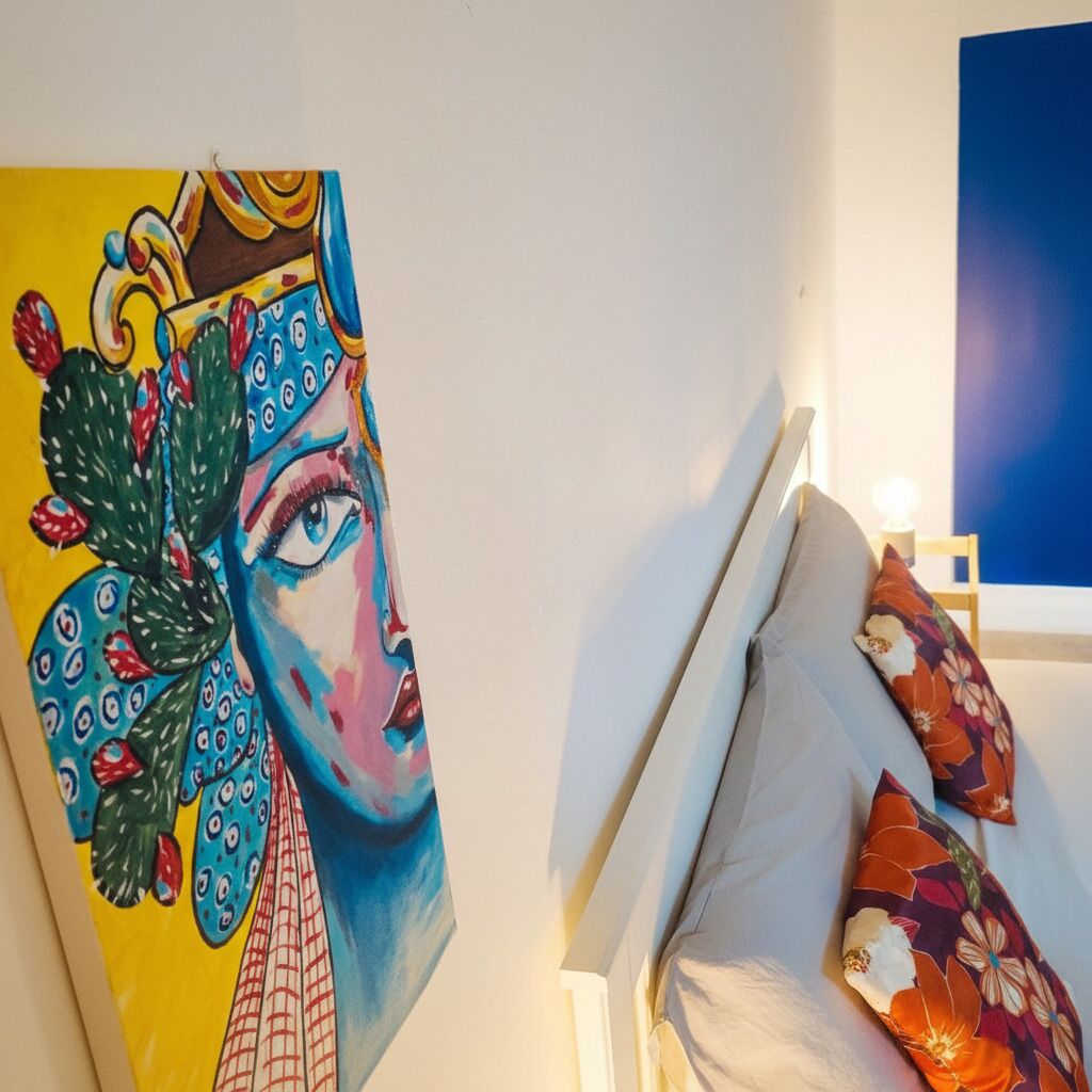 Ein Zimmer mit einem Bett, Kissen und einem Wandbild.