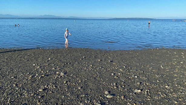 Un rivage rocheux, avec une eau calme et des montagnes qui se dessinent à l’horizon.
