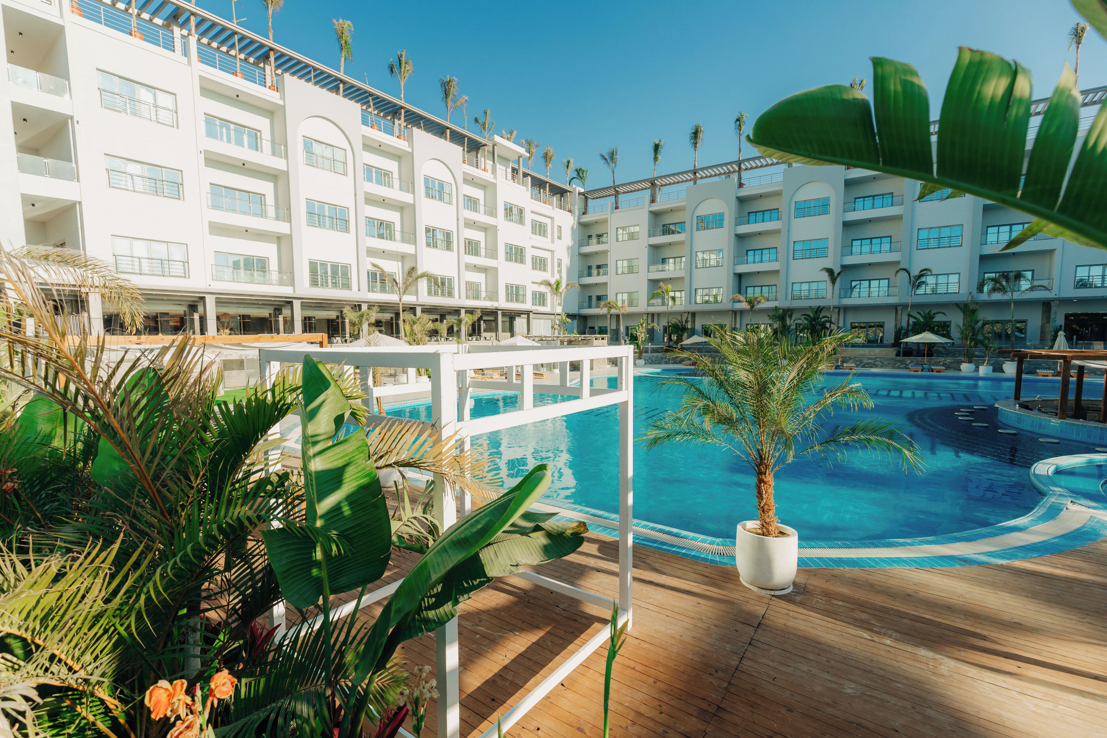 A hotel with a pool area, surrounded by tropical plants and palm trees.