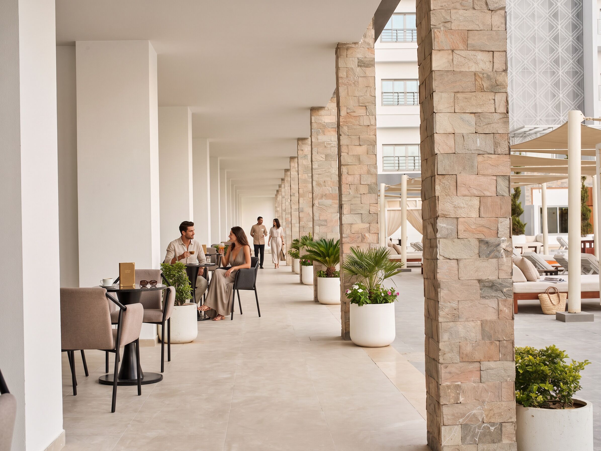 A hotel corridor with stone pillars, lounge chairs, and potted plants.