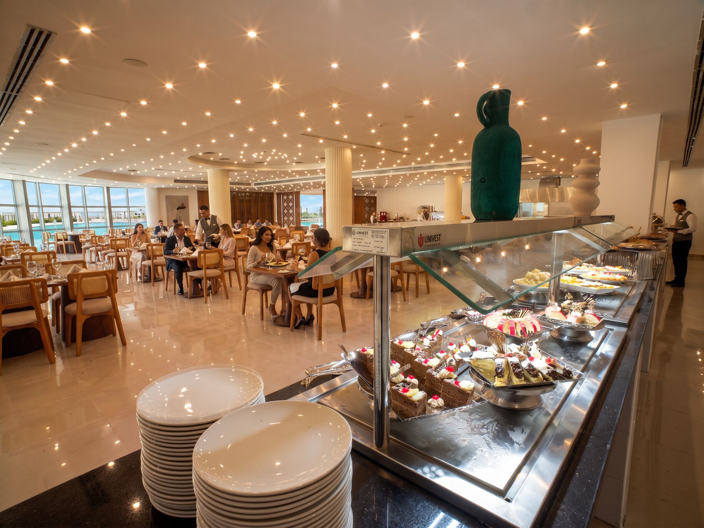 Ein Buffet mit einer Auswahl an Desserts und einer großen, grünen Vase.