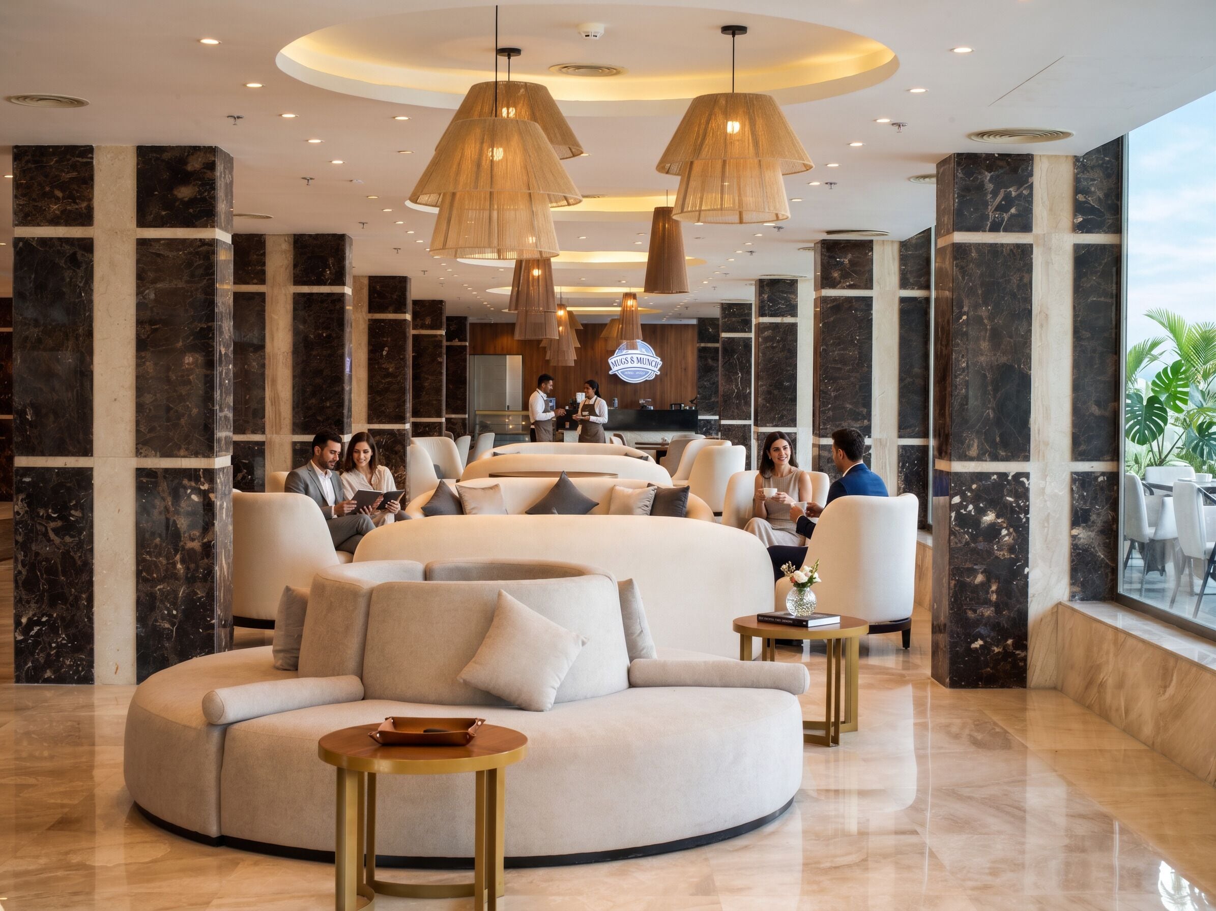 A modern lobby with a seating area, a reception desk, and a large window.