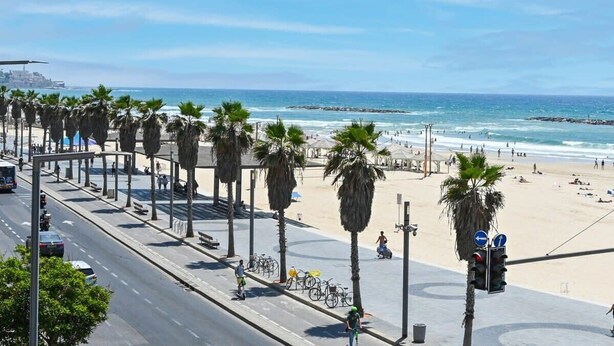 A coastal road with palm trees, a beach, and a clear sky. - Garden Kalisher 3BR near the Beach by HolyGuest (Tel Aviv-Yafo)