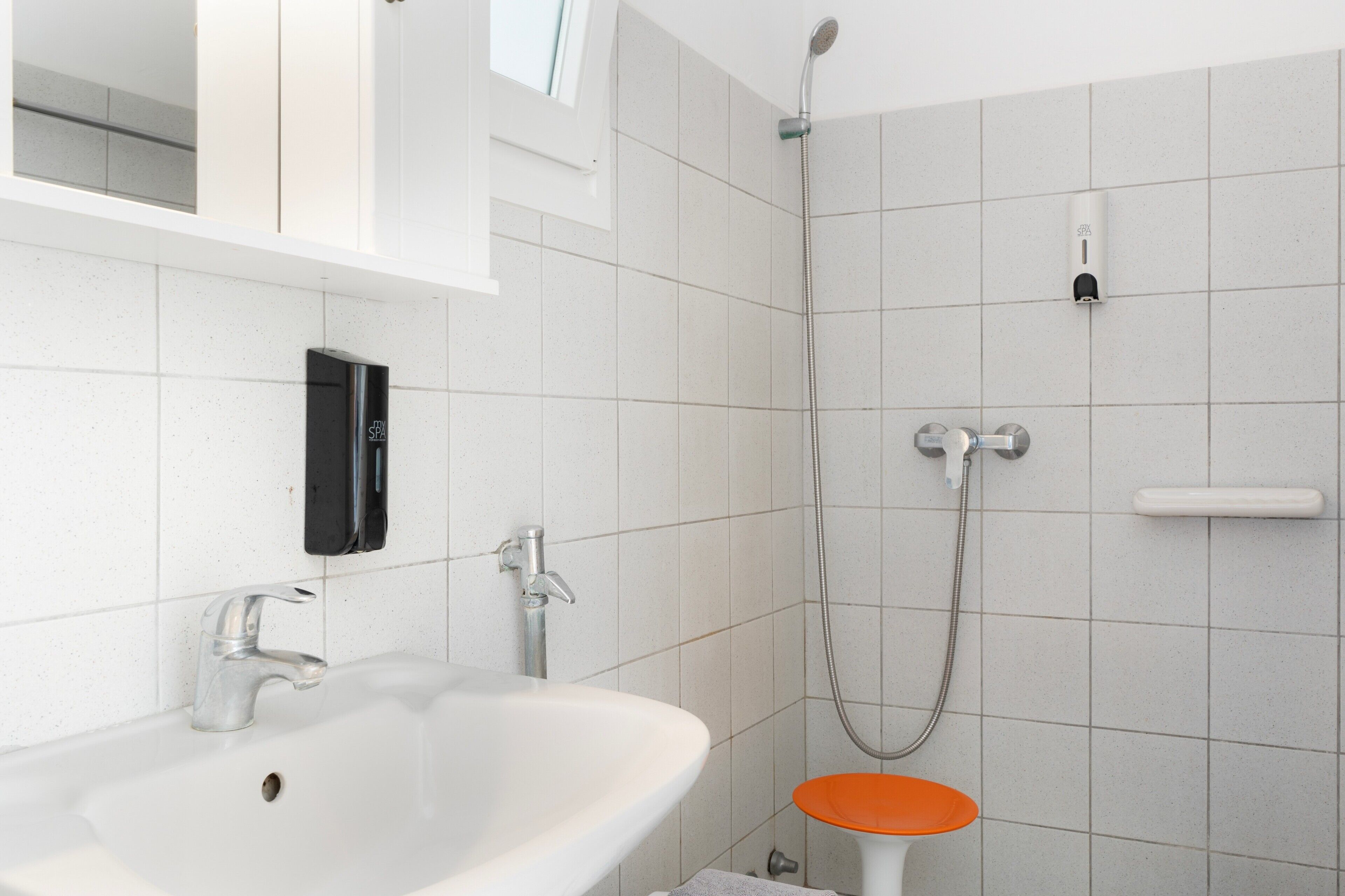 Un bagno con un lavandino bianco, una doccia e un WC.