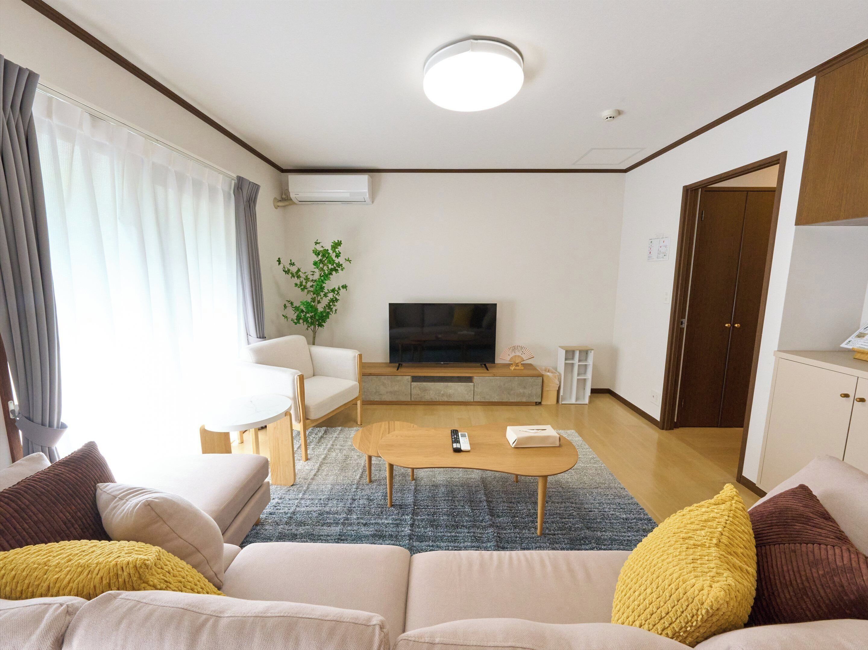 A living room with a sofa, a coffee table, a TV, and a plant.