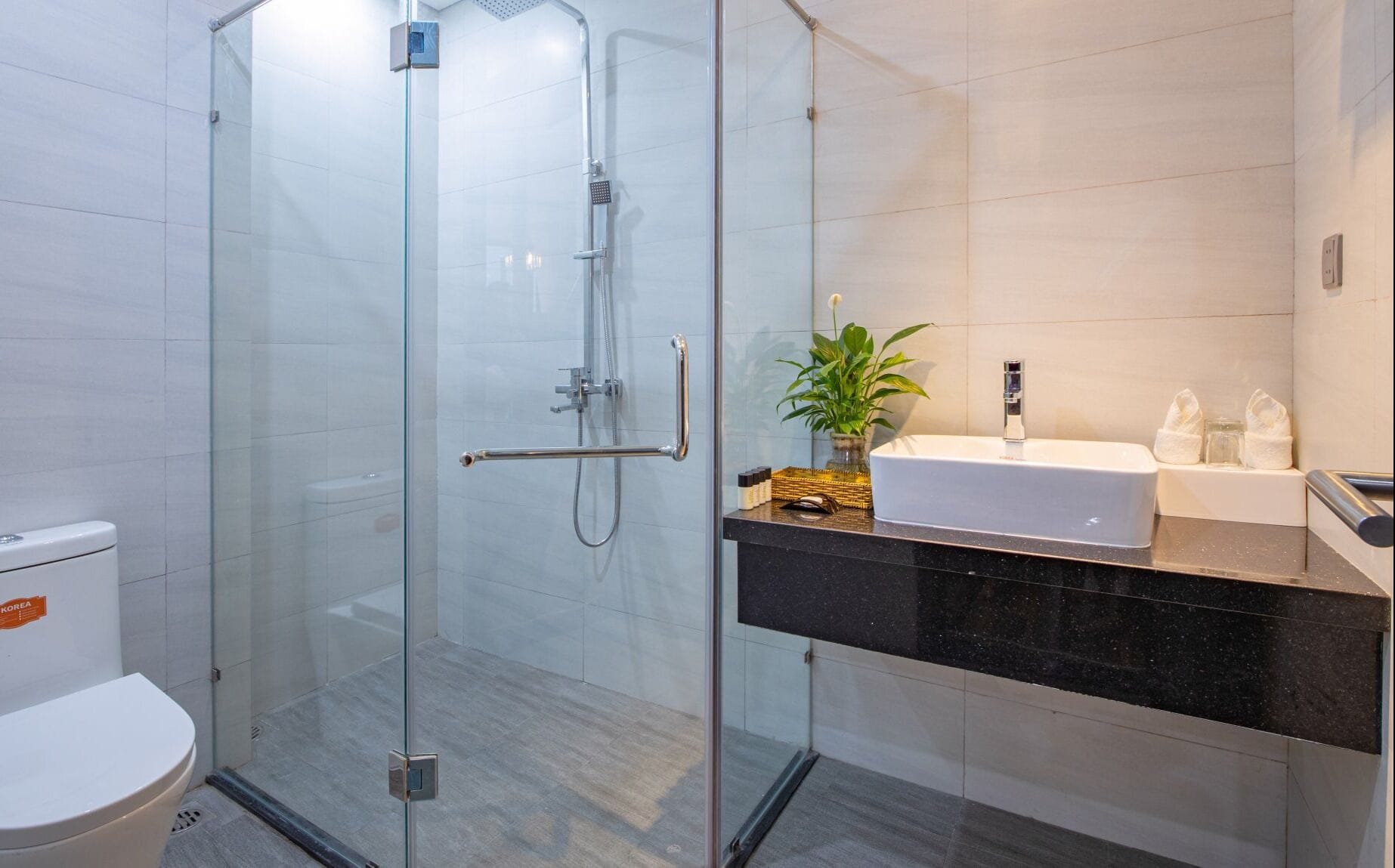 A modern bathroom with a glass-enclosed shower, a white toilet, and a black countertop with a sink and decorative items.
