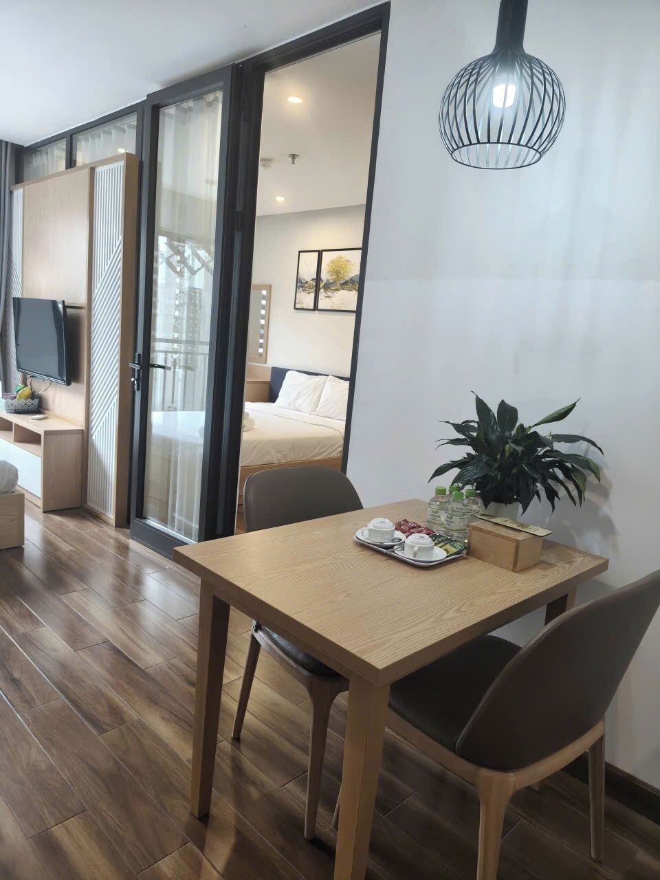 A modern room with a wooden table, a potted plant, and a tray of cups and bottles.