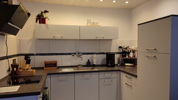 A modern kitchen with a built-in oven, a coffee maker, and a sink. - Apartment 'Fewo Im Grünen Near Listertalsperre' with Private Terrace & Wi-Fi (Meinerzhagen)