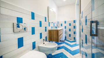 Shower, hair dryer, bidet, towels