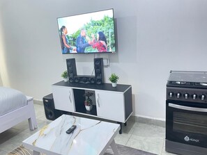 A living room with a TV, speakers, a small cabinet with plants, a sofa, a coffee table, and a stove. - Modern Cozy Studio-Next to TRM Mall (Nairobi)