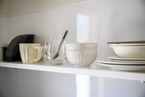 Apartment, Garden View | Private kitchen | Fridge, microwave, cookware/dishes/utensils
