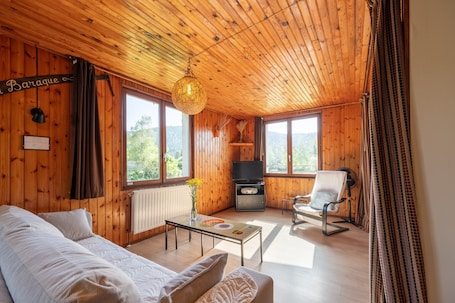 A wooden cabin with a sofa, a table, a chair, a television, and a fireplace.. The Cottage and Private Fishing Pond in the Vosges