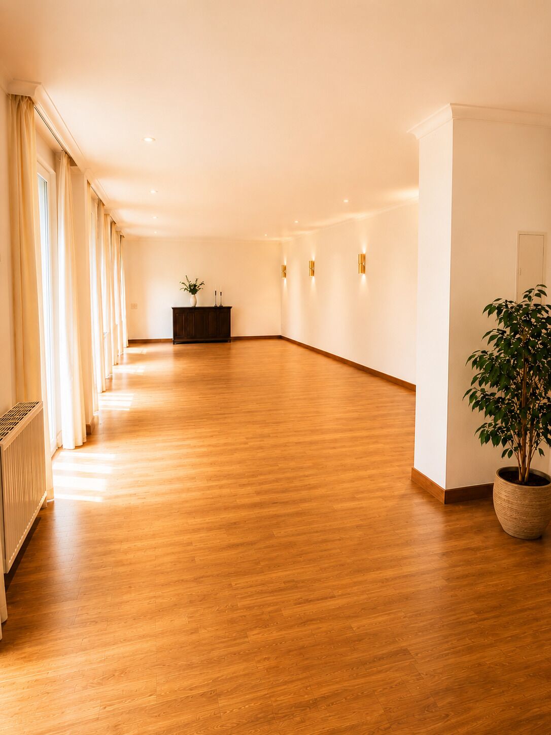 A spacious room with wooden flooring, a potted plant, and a dark-colored cabinet.