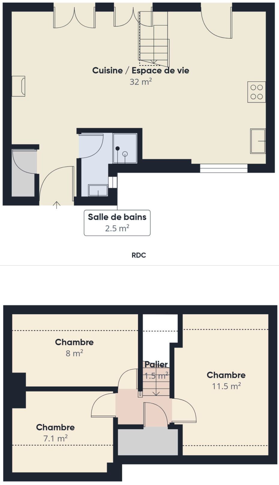 Un plan d’étage comprenant une cuisine, un espace de vie, une salle de bain et deux chambres.