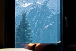 A window with a view of snow-covered mountains and a pine tree. - Alpia FlexiHomes (Graechen)