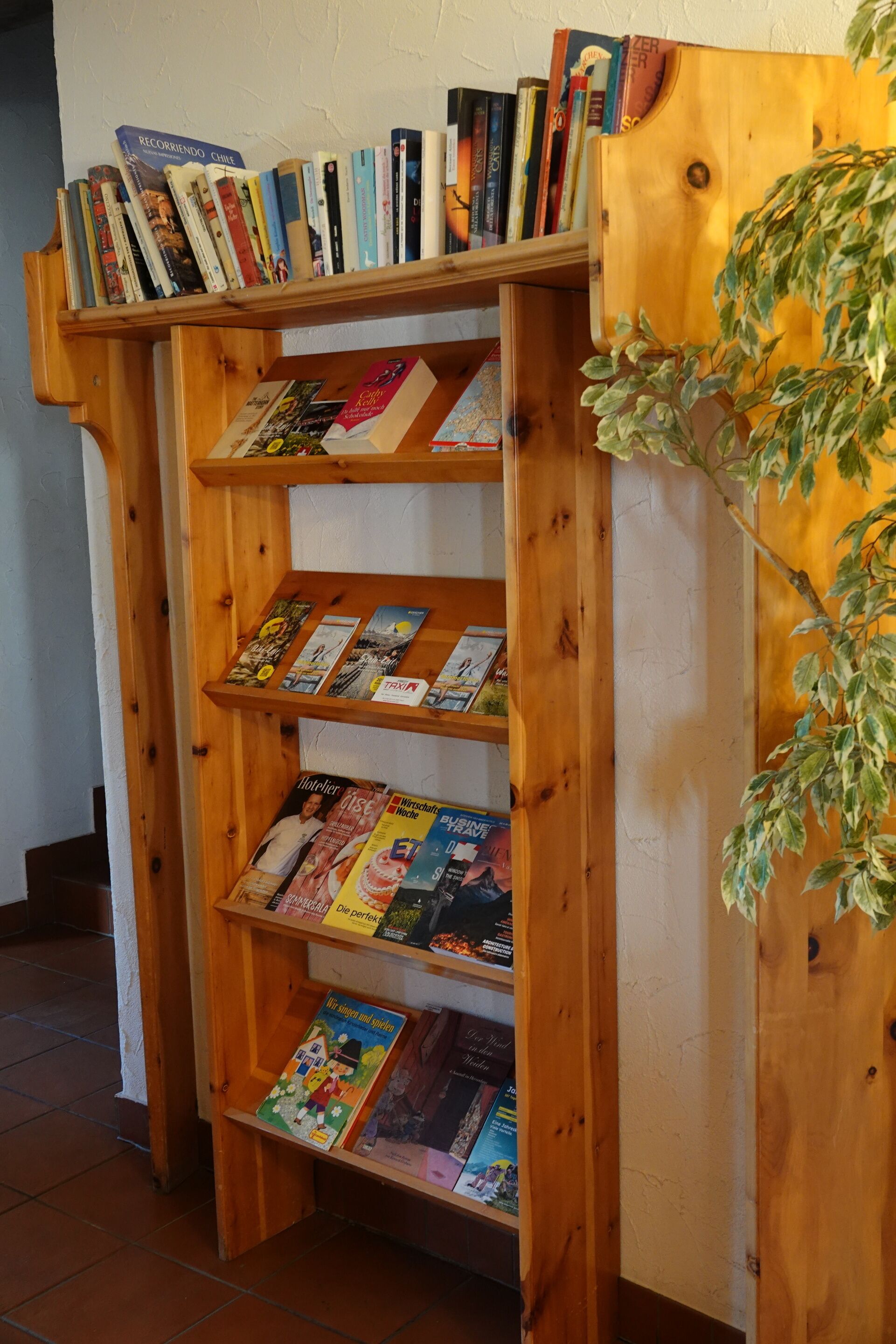 Uma estante de madeira com vários livros e revistas.
