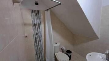 Regadera, toallas, jabón, papel de baño