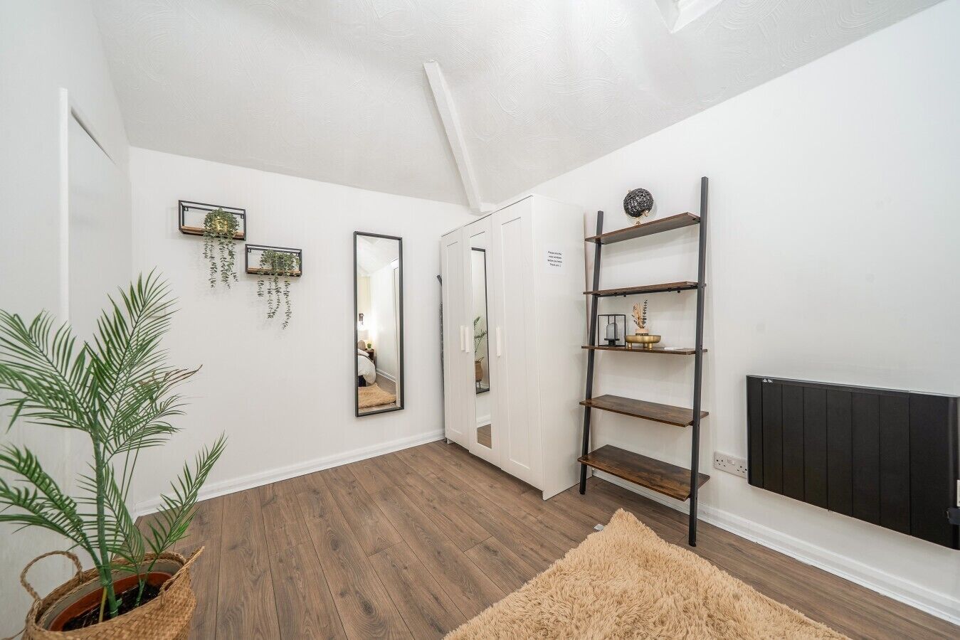 A hallway with a wooden floor, white walls, a mirror, a plant, and a radiator.