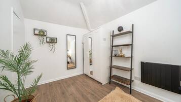 A hallway with a wooden floor, white walls, a mirror, a plant, and a radiator.