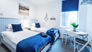 Une chambre avec deux lits, une petite table, une chaise, une fenêtre donnant sur un beau paysage et une plante fixée au mur.