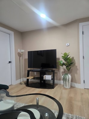 Un salon avec un téléviseur à écran plat posé sur un meuble noir, une plante en pot, une lampe sur pied et une petite table avec un plateau blanc.