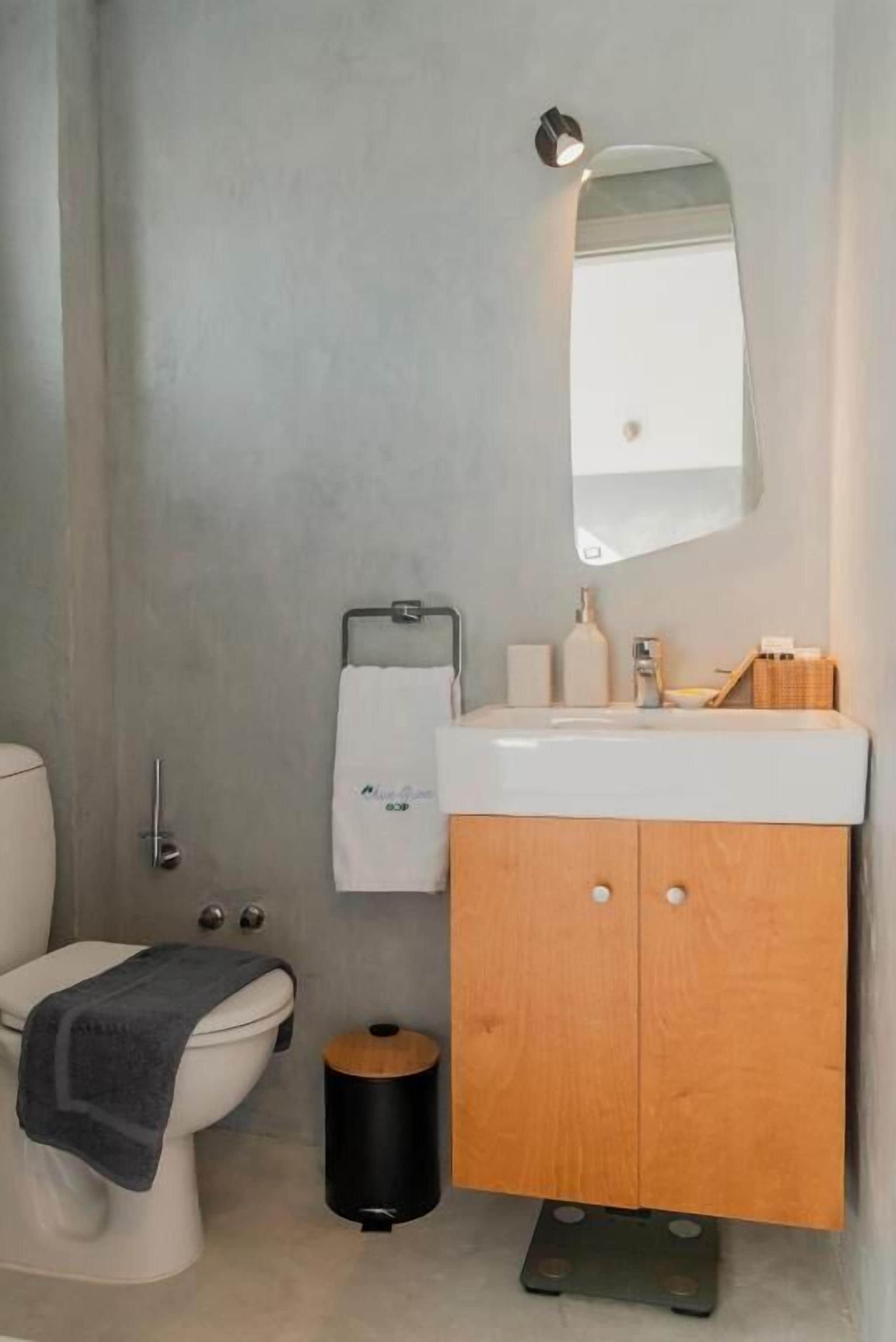 Een moderne badkamer met toilet, wastafel, spiegel en prullenbak.