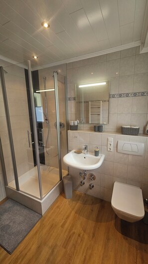 Regadera, toallas, jabón, papel de baño 