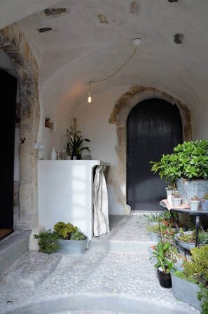 A rustic interior with a stone archway, a white sink, and potted plants.