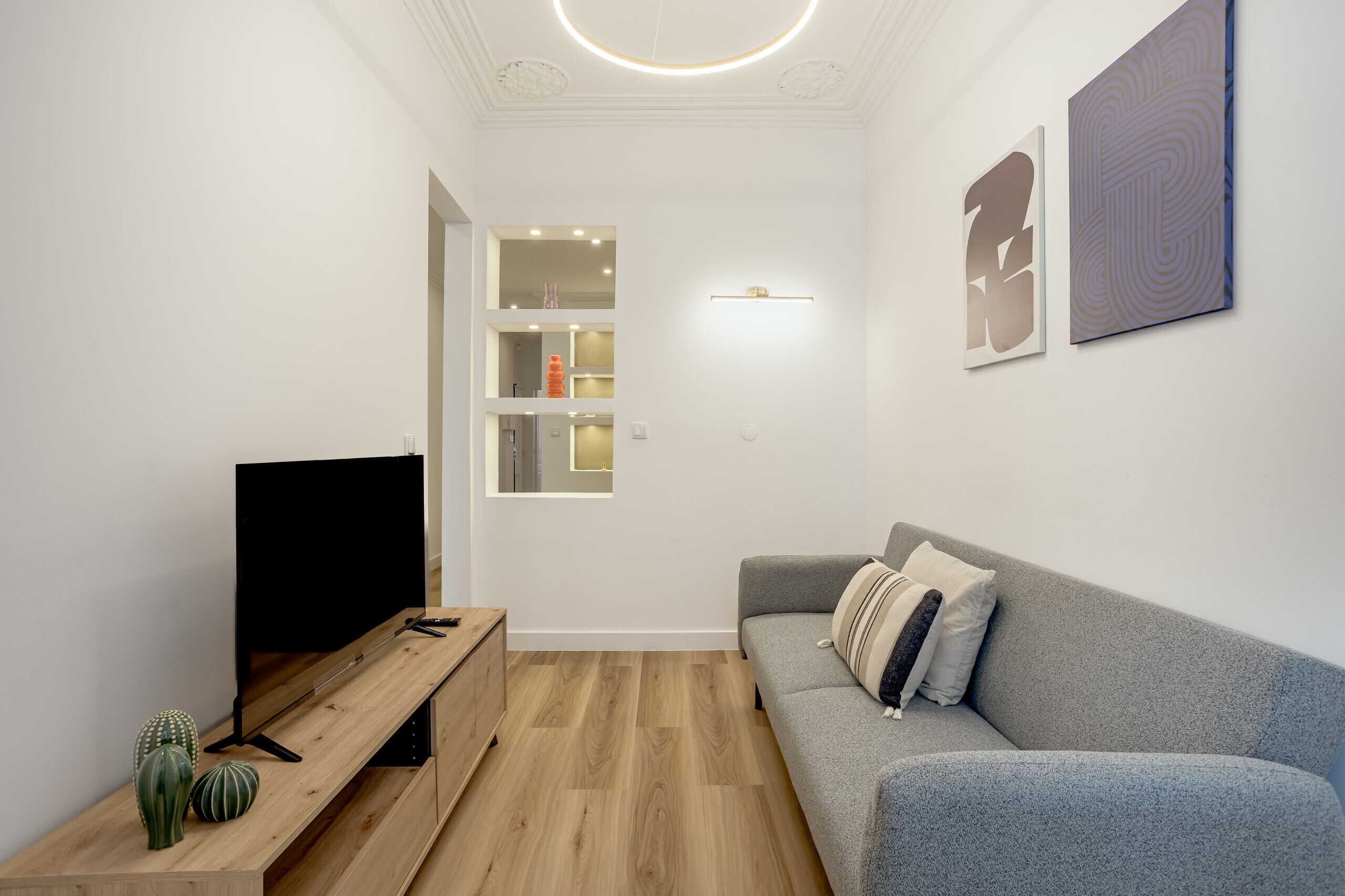 Una sala de estar moderna con un televisor de pantalla plana, un sofá gris, una mesa de centro de madera y un pequeño cactus.