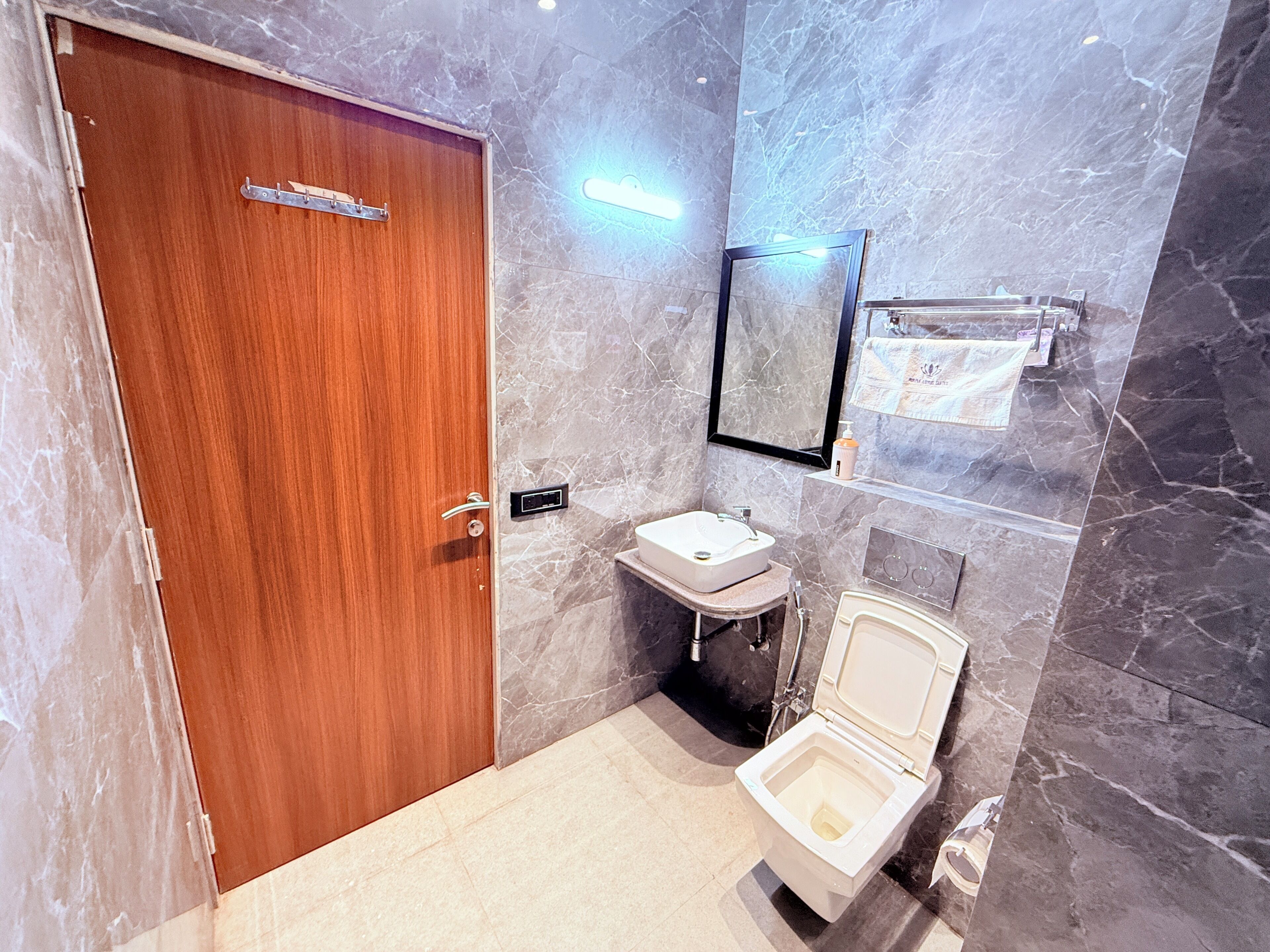 A bathroom with a wooden door, a sink, a toilet, and a mirror.